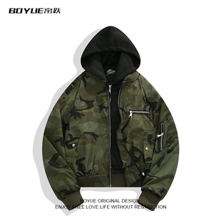 BOYUE帛跃美式假两件连帽迷彩外套工装潮牌棒球服炸街飞行夹克男