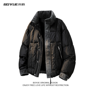 BOYUE帛跃立领男友风牛仔拼接羽绒服保暖痞帅工装复古男女外套潮