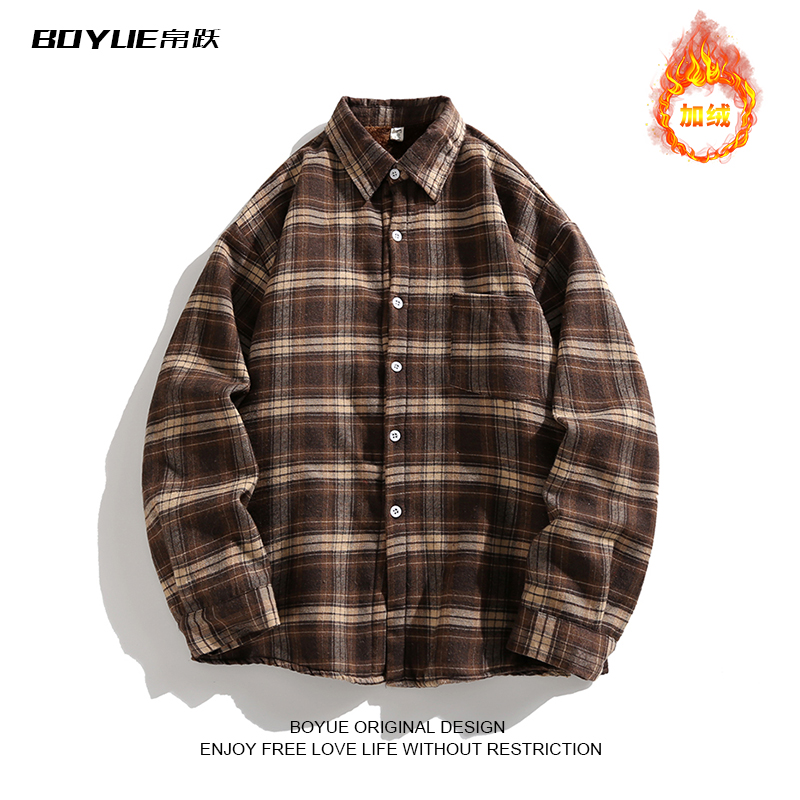 BOYUE帛跃翻领格子加绒外套