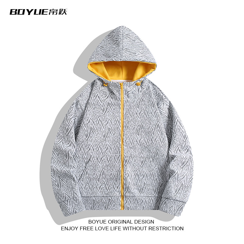 BOYUE帛跃小香风撞色拼接人字纹连帽衫街头痞帅运动男女卫衣外套