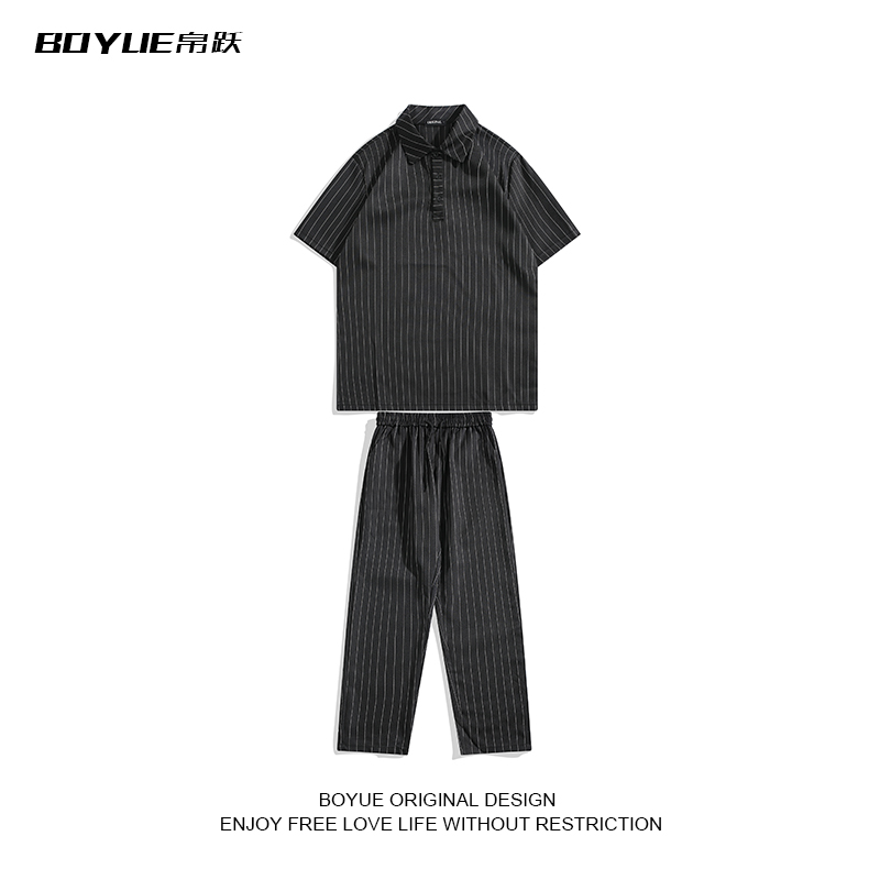 BOYUE帛跃竖条纹九分裤套装夏季韩版时尚polo衫休闲件套男潮修身