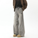 嘻哈炸街小众男潮泼墨拖地长裤 BOYUE帛跃灰色做旧褶皱工装 牛仔裤