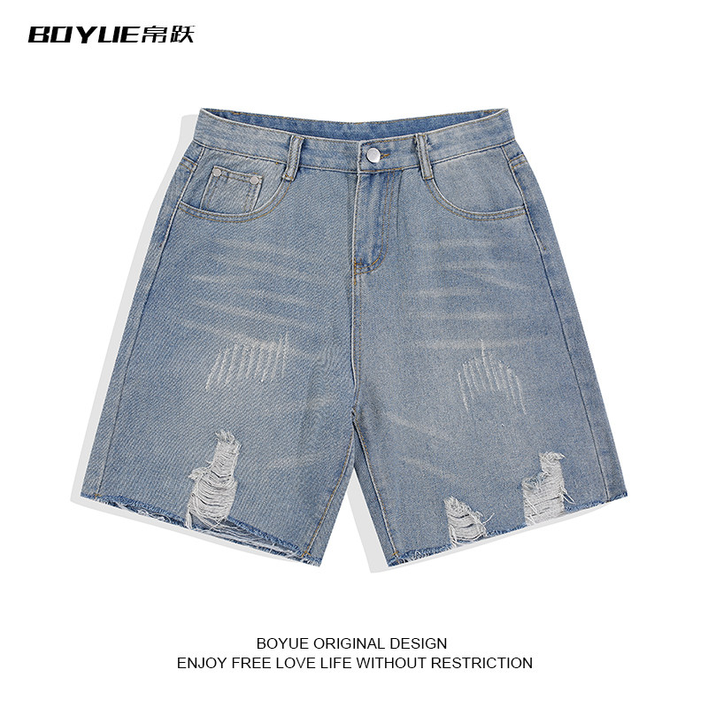 BOYUE帛跃复古休闲破洞牛仔短裤男日系个性五分裤设计感直筒夏季
