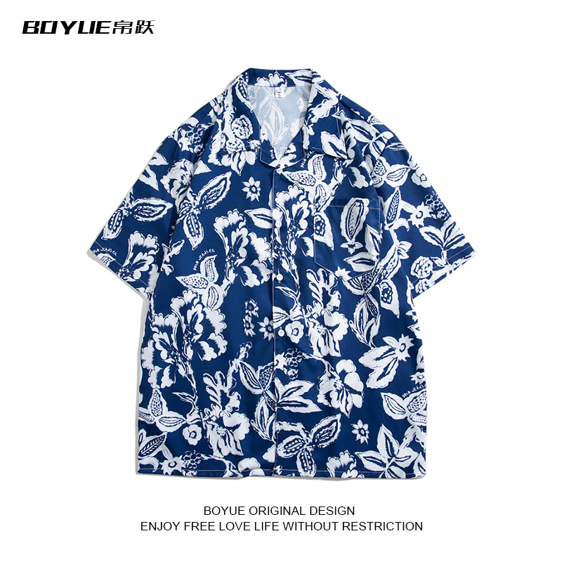 BOYUE帛跃古巴领短袖潮花衬衫