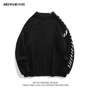 BOYUE帛跃仿貂毛加厚毛衣设计感日系绑绳针织衫 潮男 秋冬2022新款