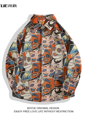 BOYUE帛跃欧美风复古漫画满印人物衬衫小众潮牌设计感夹克外套男