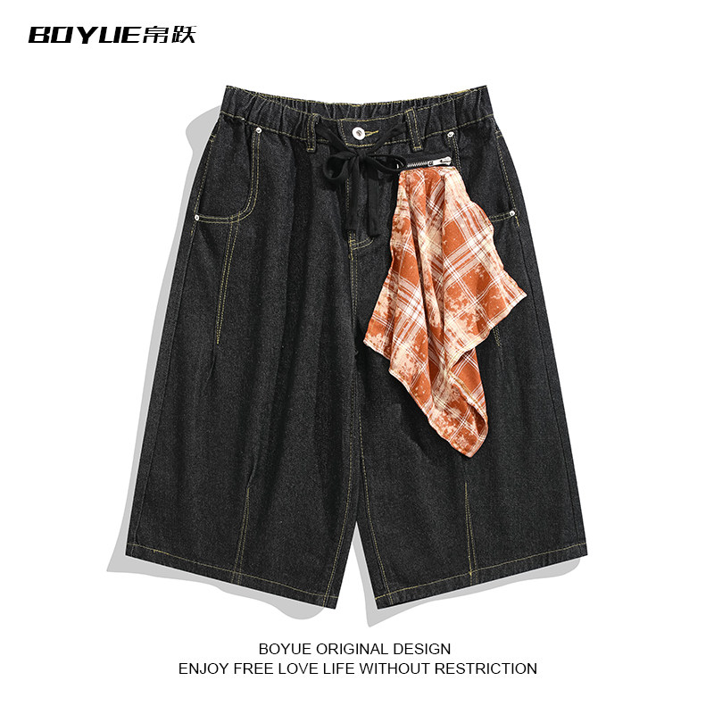 BOYUE帛跃美式复古可拆卸方巾牛仔短裤嘻哈学生高街阔腿七分裤男,男装,牛仔裤,淘宝优惠券,粉丝福利购,淘宝优惠卷