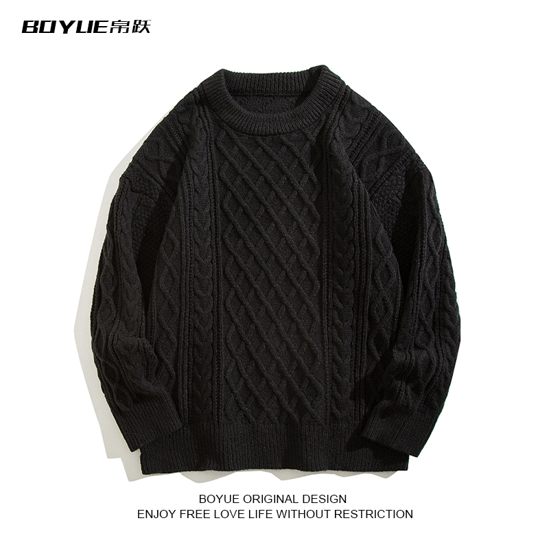 BOYUE帛跃麻花纯色圆领提花毛衣