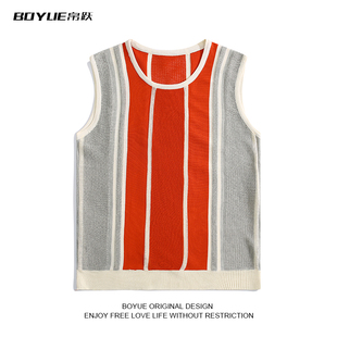 BOYUE帛跃国潮提花拼色条纹针织背心红色叠穿外搭时尚休闲马甲男