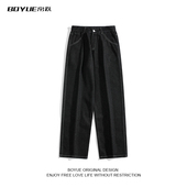 休闲简约嘻哈春秋港风复古男裤 BOYUE帛跃直筒牛仔裤 日系百搭个性