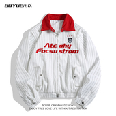 BOYUE帛跃美式 撞色条纹街头夹克情侣嘻哈复古刺绣学院风外套男女