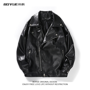 BOYUE帛跃春秋季 休闲机车皮外套男街头纯色夹克上衣青少年帅气ins