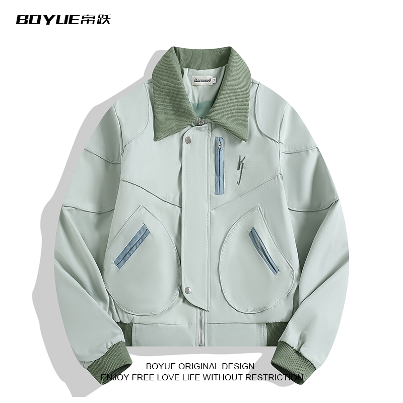 BOYUE帛跃豆绿色短款飞行夹克男