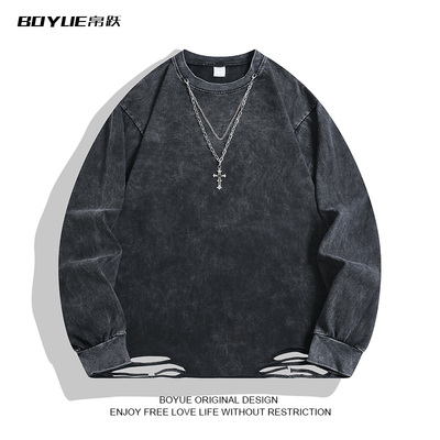 BOYUE帛跃做旧破洞纯棉长袖T恤男