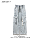 男女 港风大口袋潮流cityboy阔腿学生长裤 BOYUE帛跃抽绳工装 牛仔裤