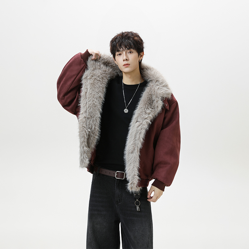 BOYUE帛跃座山雕毛领麂皮绒棉服