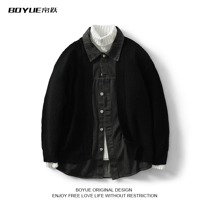 BOYUE帛跃假两件毛衣拼接牛仔外套秋冬日系时尚百搭ins男女夹克潮