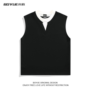 设计感运动打底衫 BOYUE帛跃假两件无袖 背心男女复古潮流拼接美式