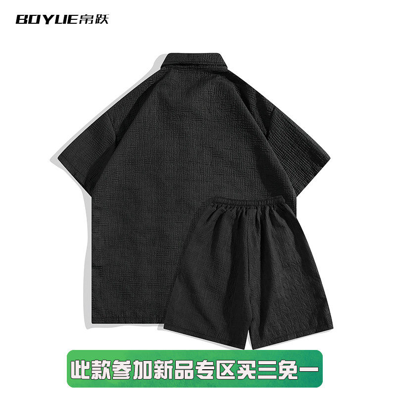 BOYUE BO YUE 여름 캐주얼 반팔 셔츠 반바지 정장 목걸이 포함 남성 트렌디 홍콩 스타일 인터넷 연예인 투피스 세트