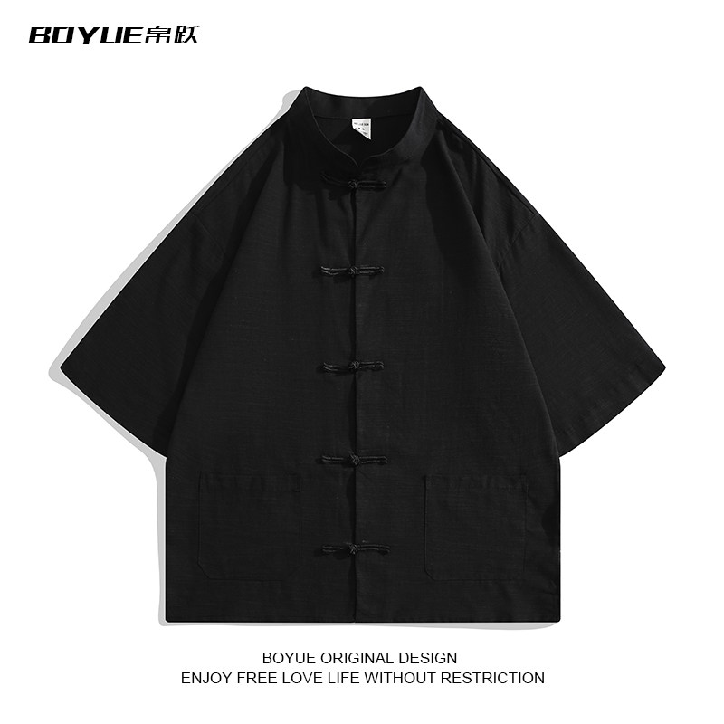 BOYUE帛跃亚麻中山唐装半袖衬衫国风文艺新中式复古立领短袖男女
