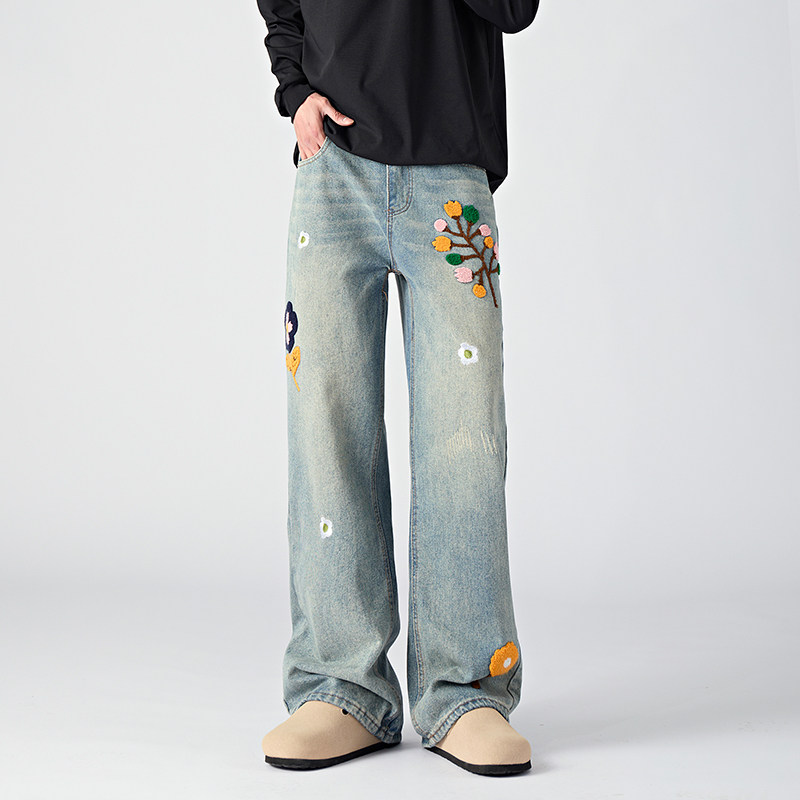 BOYUE帛跃水洗花朵植绒牛仔裤男