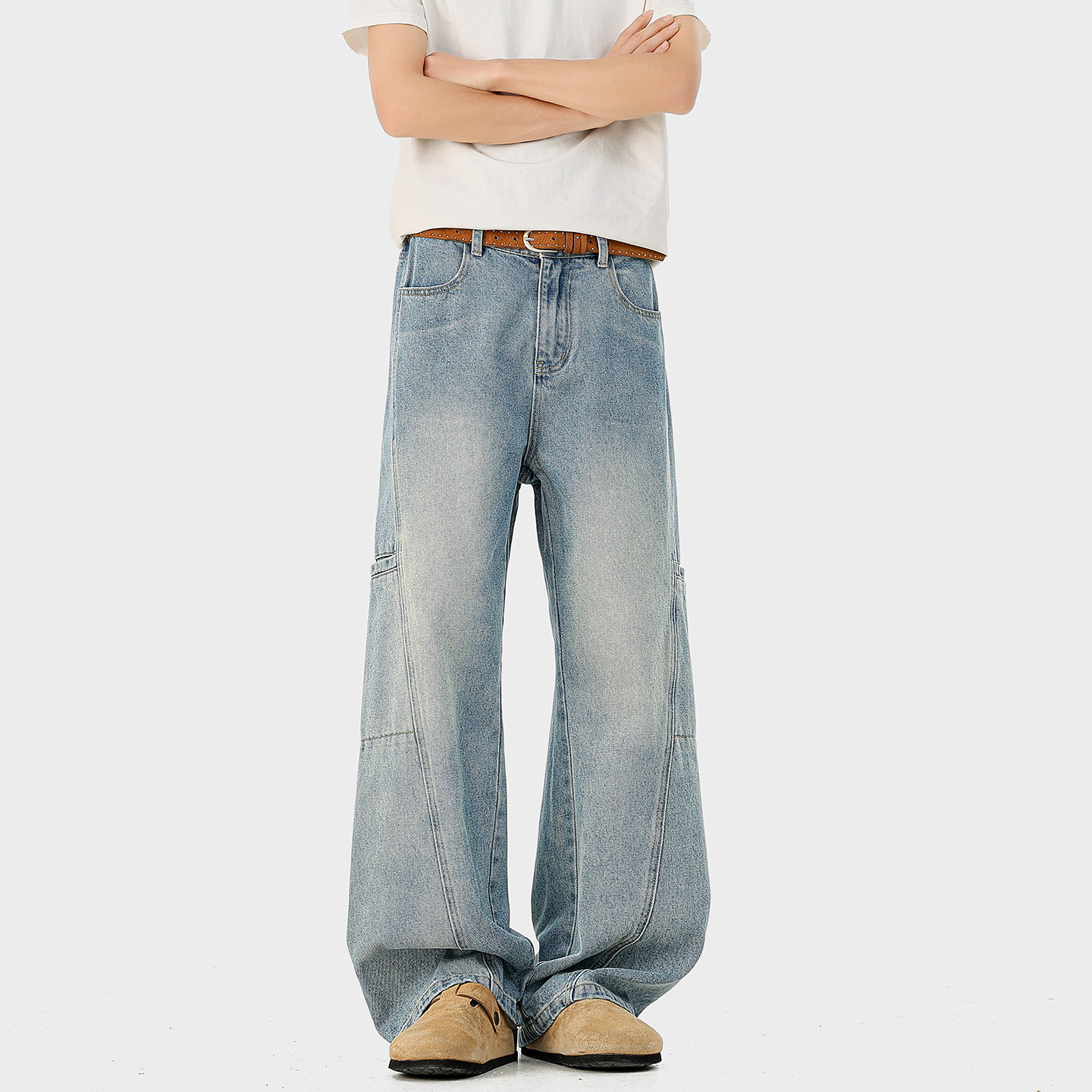 BOYUE帛跃水洗复古拼接大口袋工装牛仔裤街头潮牌休闲阔腿长裤男,男装,牛仔裤,淘宝优惠券,粉丝福利购,淘宝优惠卷