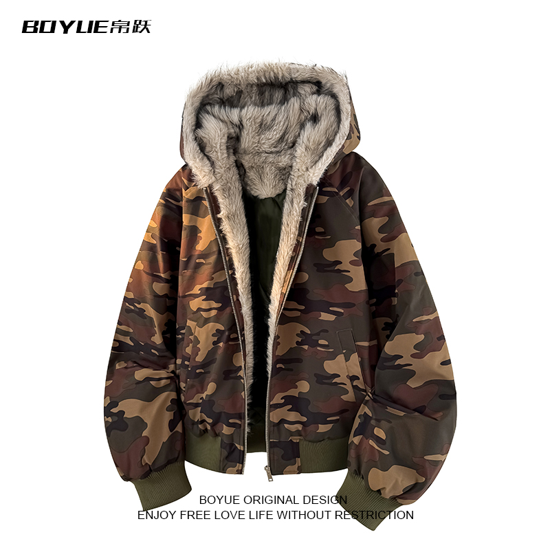 BOYUE帛跃美式迷彩连帽加绒保暖棉服街头休闲个性防风痞帅外套男