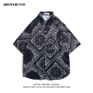 青少年宽松衬衣学生港风chic 男个性 BOYUE帛跃夏季 休闲腰果花衬衫