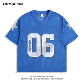 BOYUE帛跃美式 街头休闲外搭运动透气T恤男女 球衣网眼镂空V领短袖