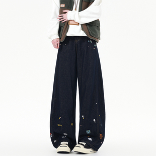 BOYUE帛跃美式复古高街卡通刺绣弯刀牛仔裤男女休闲多巴胺长裤潮