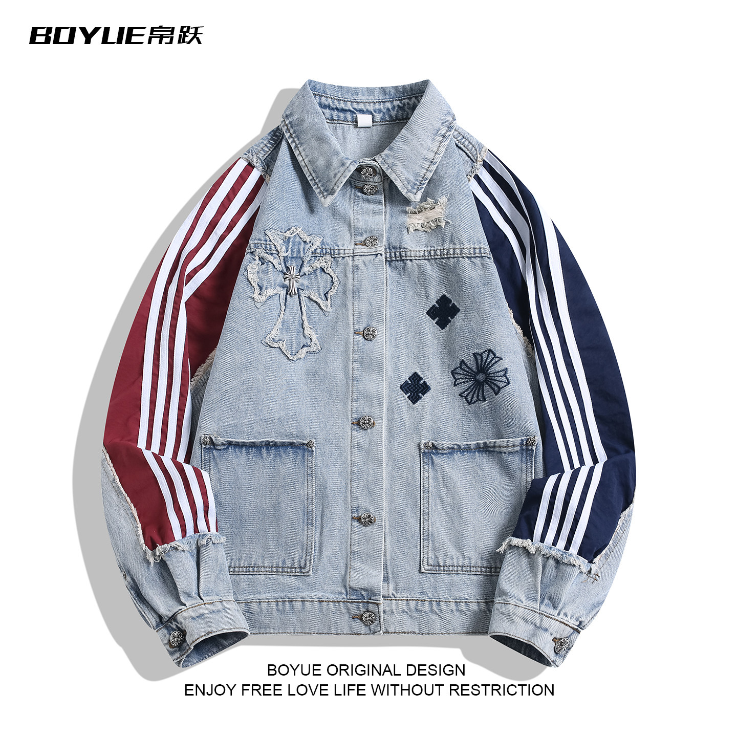 BOYUE帛跃美式复古牛仔夹克男女破洞刺绣拼接条纹设计感百搭外套