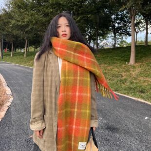 落日金桔～复古百搭显白橘色系格纹仿羊绒流苏大披肩拉毛长款围巾