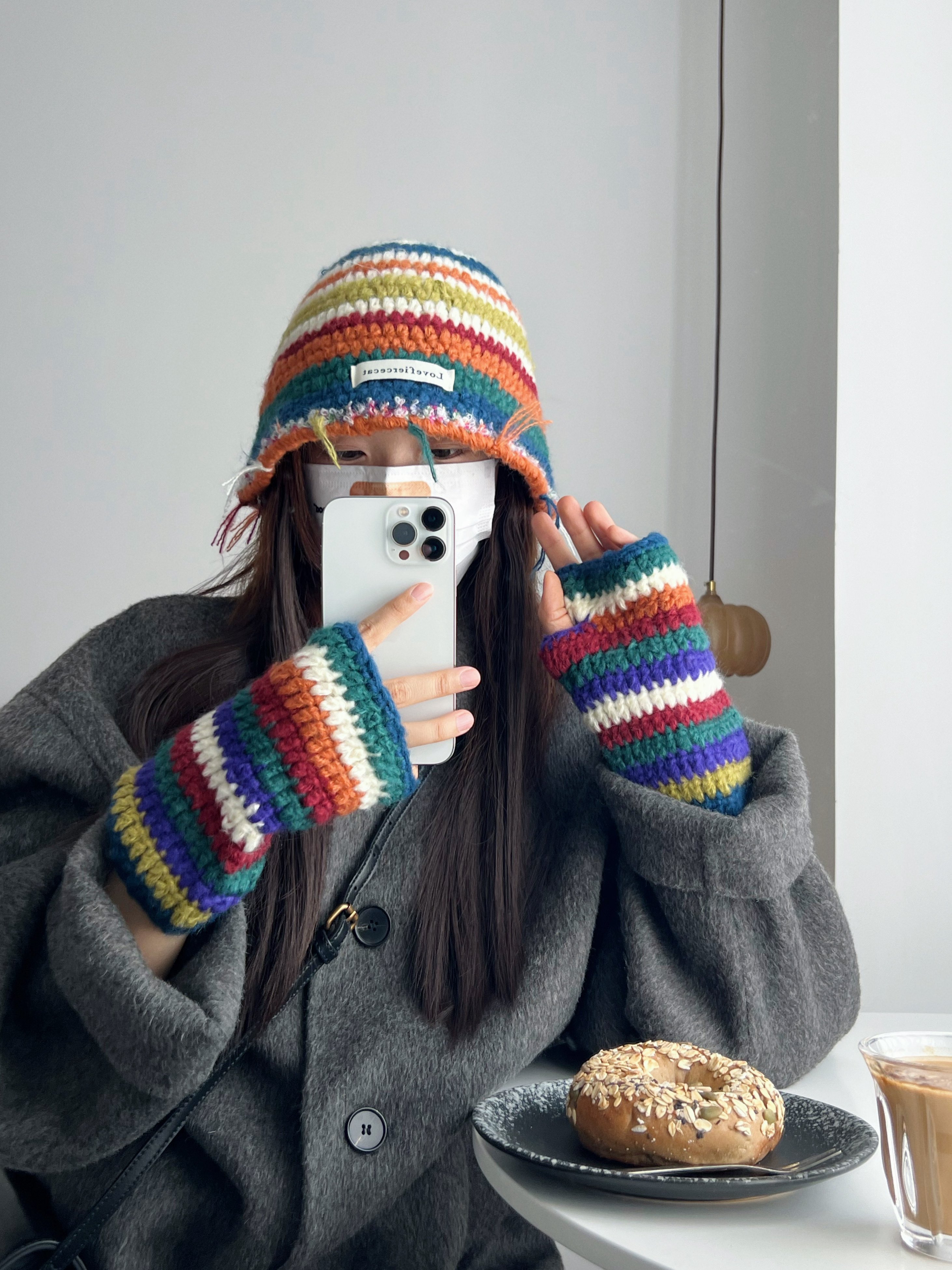 uncleyao姚叔叔彩色条纹帽子手套