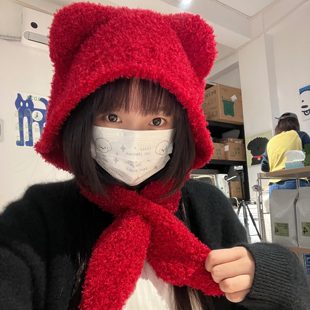呆萌小熊～可爱毛绒熊耳帽子围脖一体秋冬加厚保暖护耳针织雷锋帽
