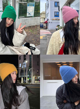进店bi入！自带滤镜冬季百搭糖果色兔毛针织帽双层卷边保暖毛线帽