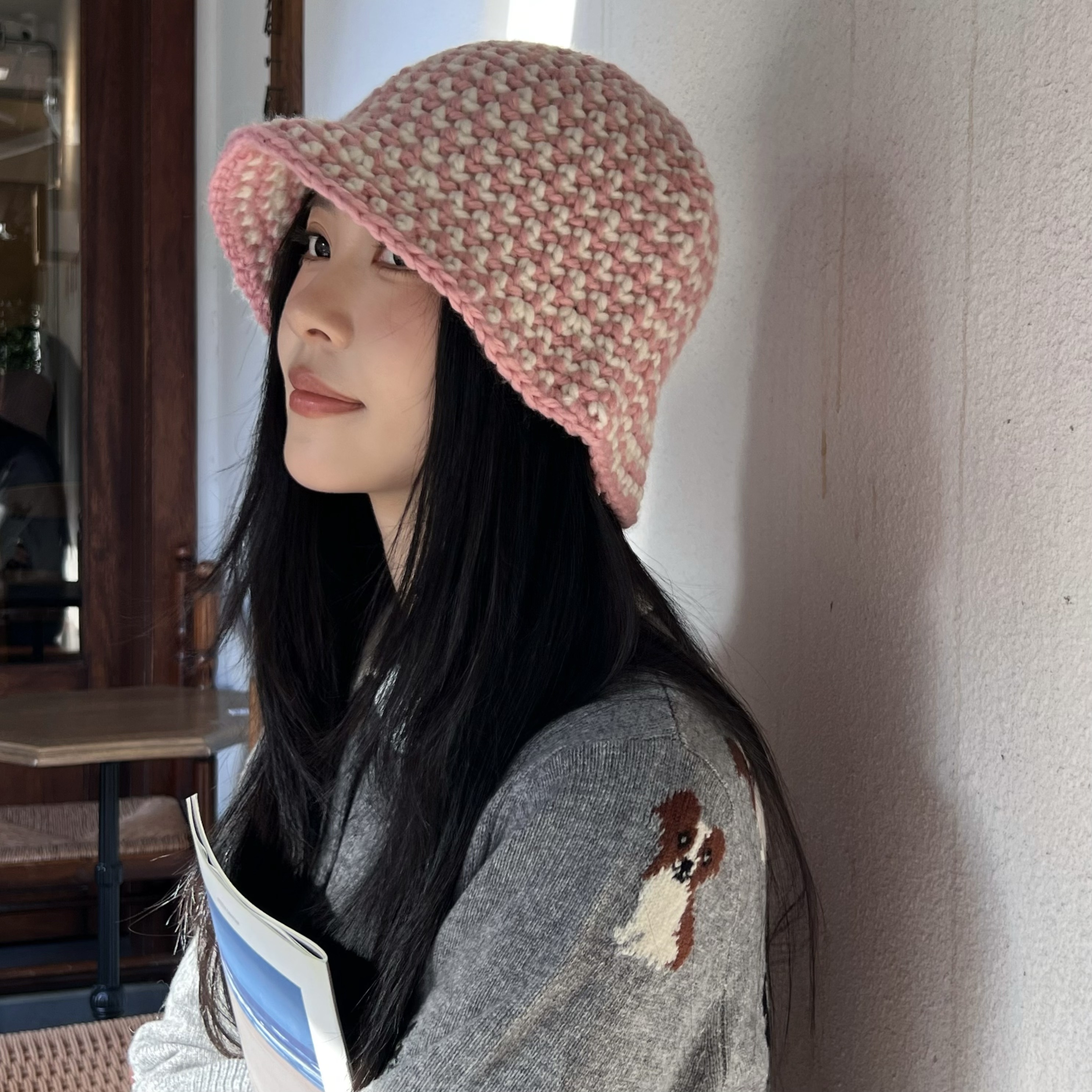 轻甜少女～PP同款粉色短檐针织盆帽纯手工编织秋冬保暖毛线渔夫帽