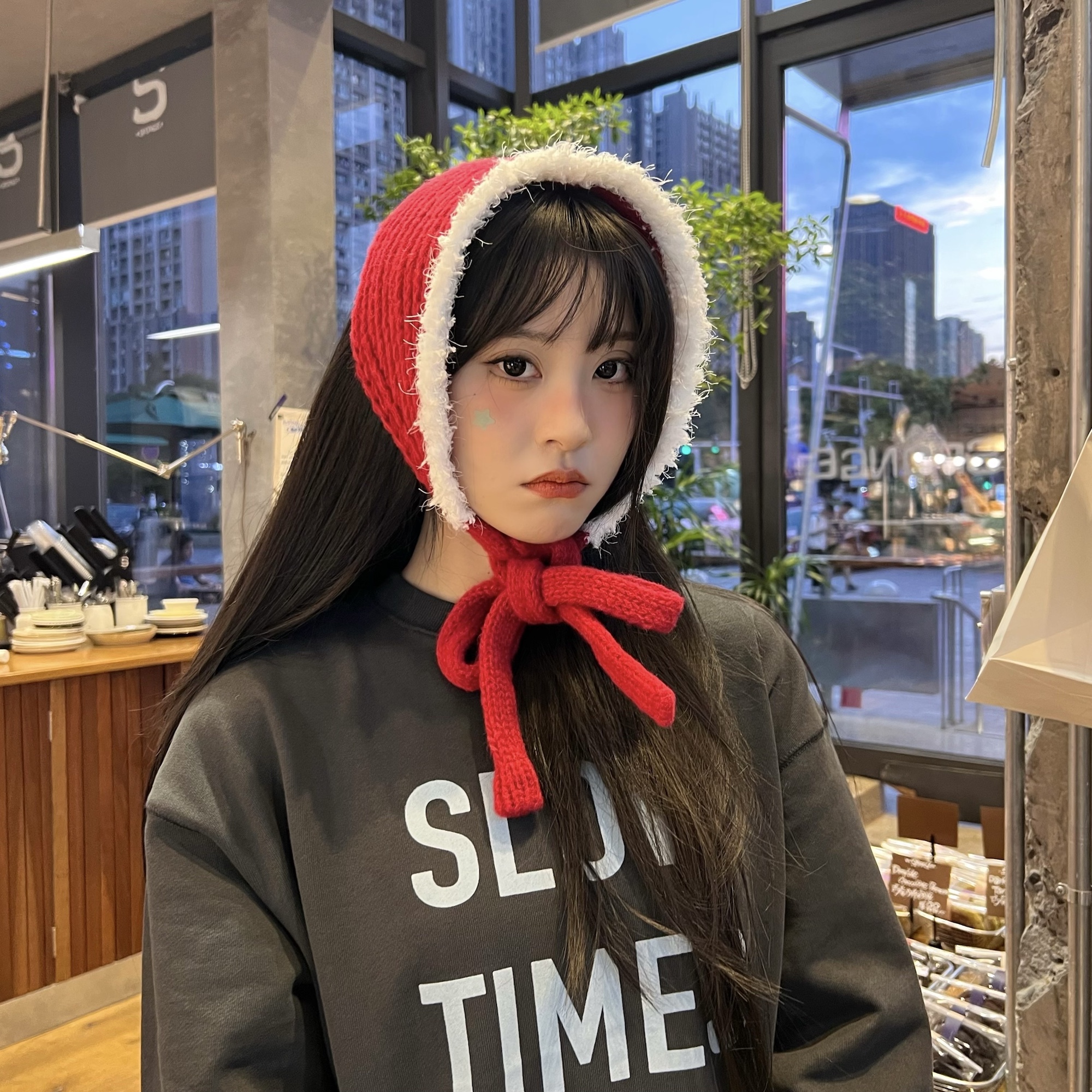 氛围拉满~冬季保暖百搭毛绒宽边显脸小针织发带新年红色毛线耳罩