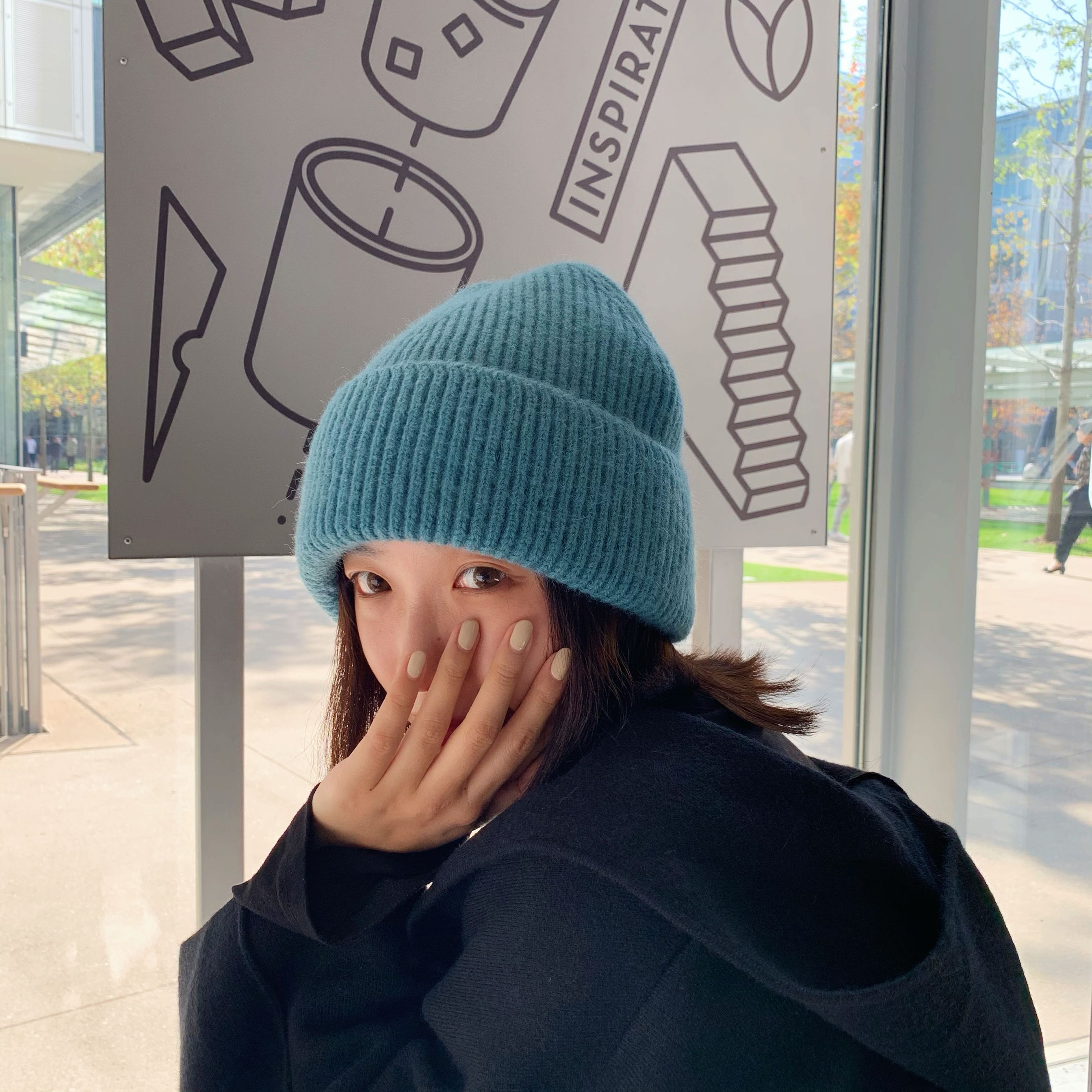 针织帽子姚叔叔白雾蓝绿色大版