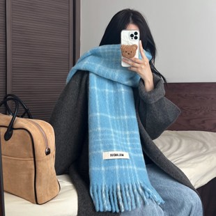 心软的蓝～冬季厚实保暖长款仿羊绒拉毛流苏大披肩格纹围巾围脖女
