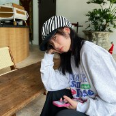 松弛感～cleanfit随性休闲四季 百搭黑白条纹舒适棉质拼皮报童帽女