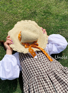 姚叔叔/戴上就是小仙女~橙色波点蝴蝶结系带花边草编遮阳帽草帽子