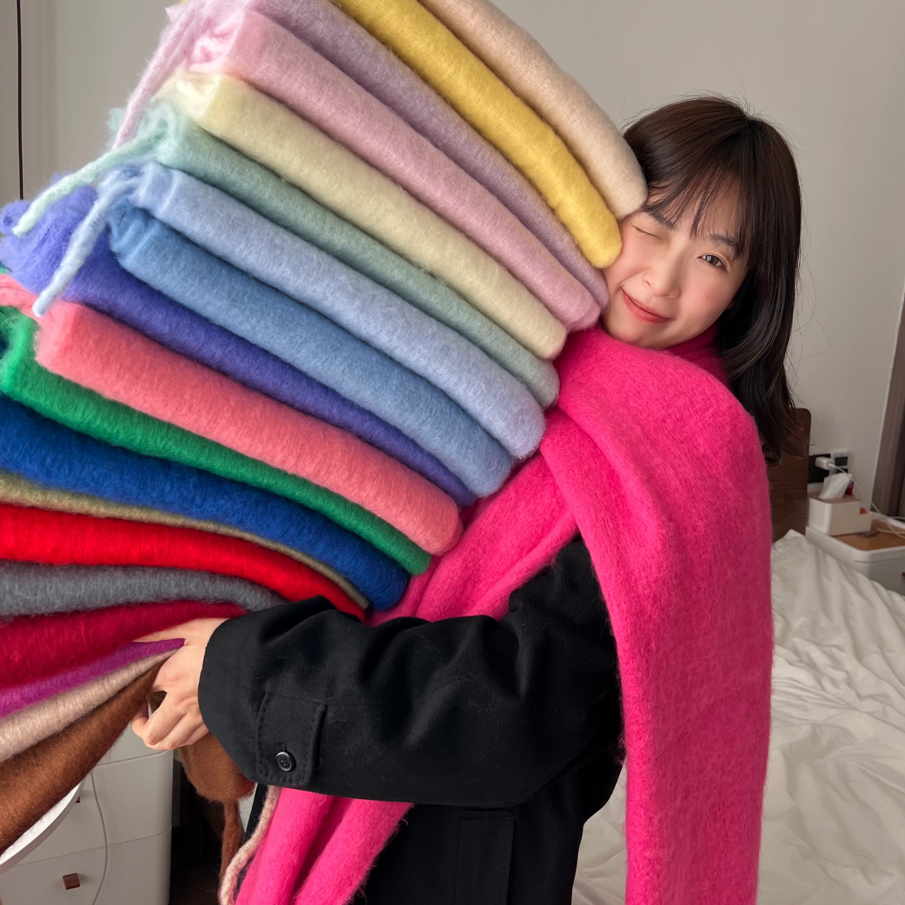 掌管氛围的神～冬季厚实保暖百搭纯色长款流苏围巾毛绒绒大披肩女