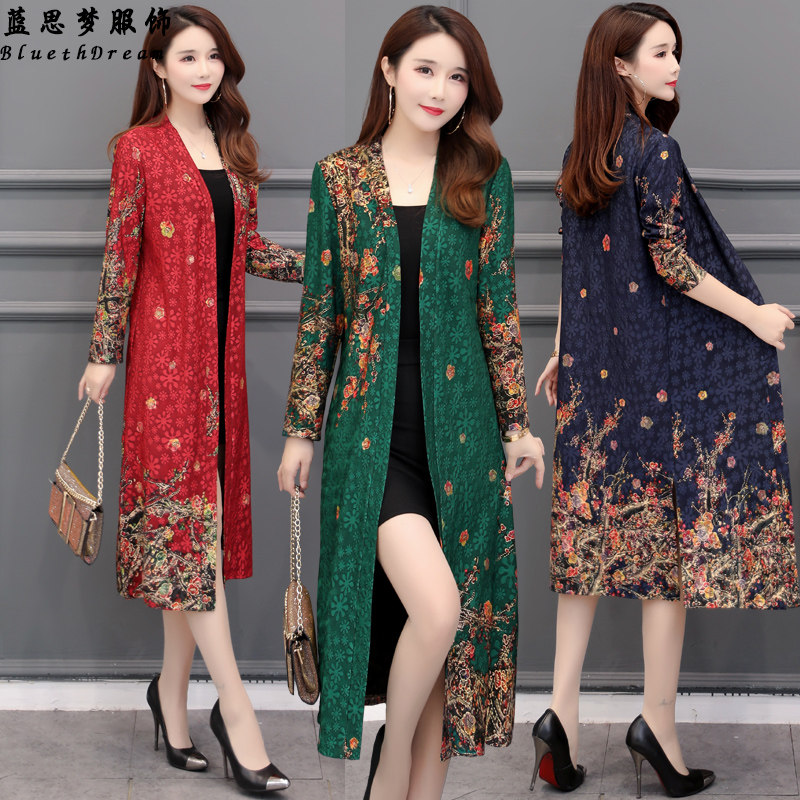 中长款长袖开衫女2019春季百搭印花披风显瘦蕾丝外搭过膝长款披肩