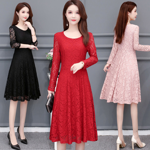 大摆裙显瘦收腰内搭裙子遮肉女秋装 中长款 修身 春秋圆领连衣裙长袖