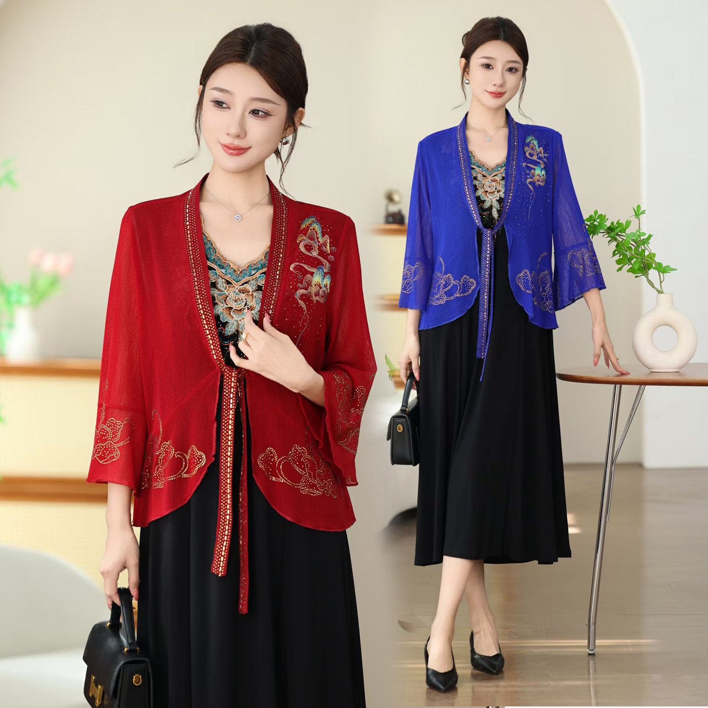 刺绣小披肩时尚开衫外套V领系带小披风配裙子旗袍的小外搭罩衫