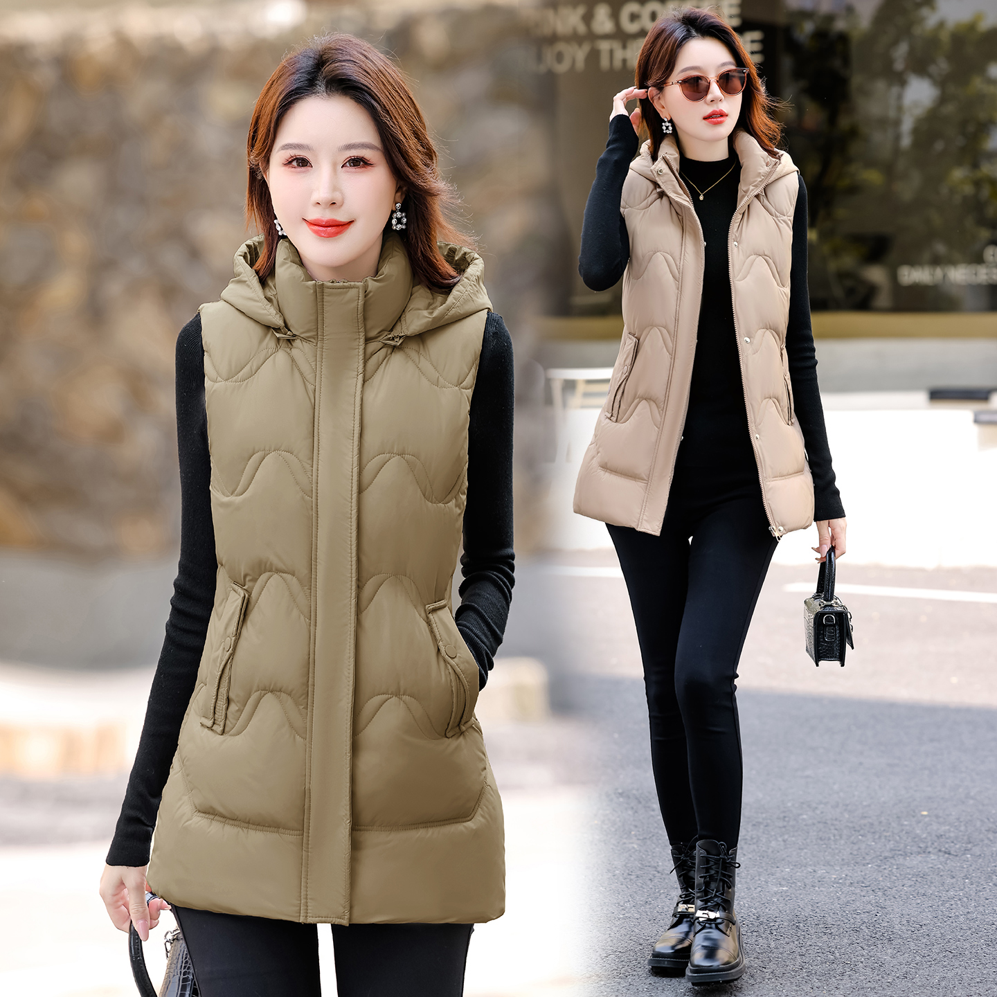 蓝思梦拉链中长款可拆帽棉坎肩