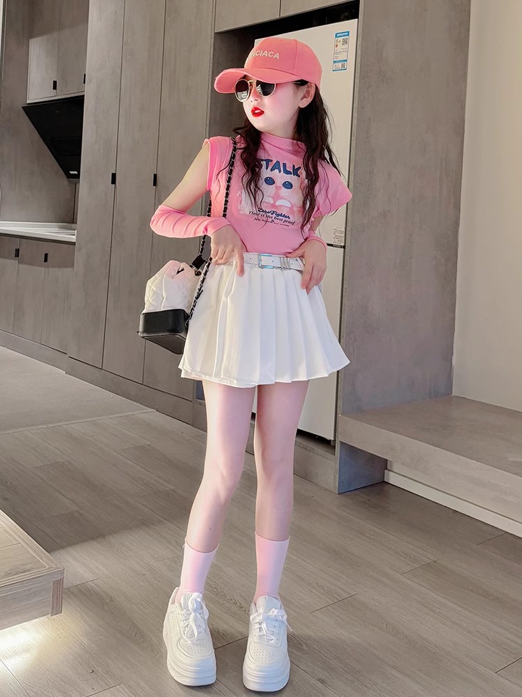 女童甜酷风上衣2026新款儿童粉色露肩袖带袖套T恤小女孩洋气夏装