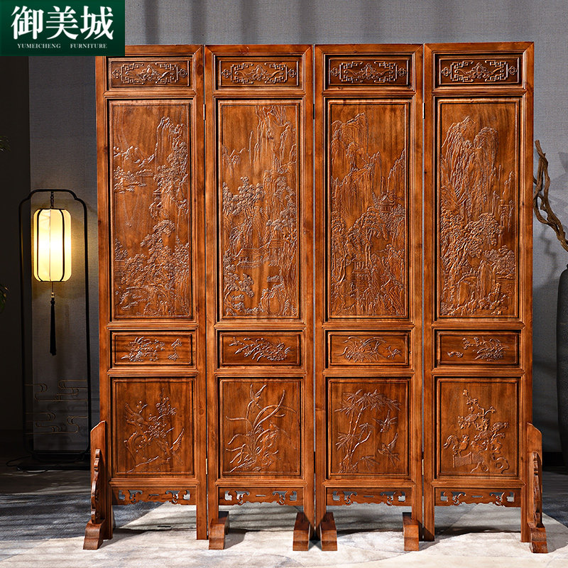 东阳木雕浮雕移动折叠屏风双面彷古座屏客厅香樟木客厅玄关隔断