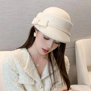 双模法式赫本风羊毛小礼帽秋冬侧面蝴蝶结前长后短小沿鸭舌盆帽女