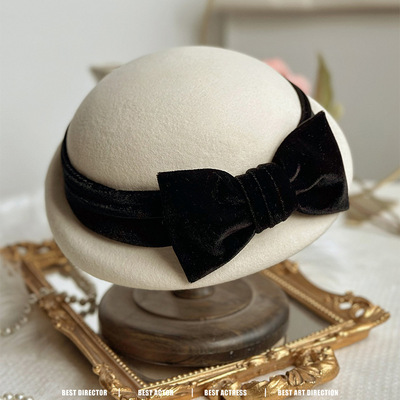 盆帽秋冬复古法式礼帽澳毛纯羊毛呢帽丝绒蝴蝶结优雅空姐帽贝蕾帽